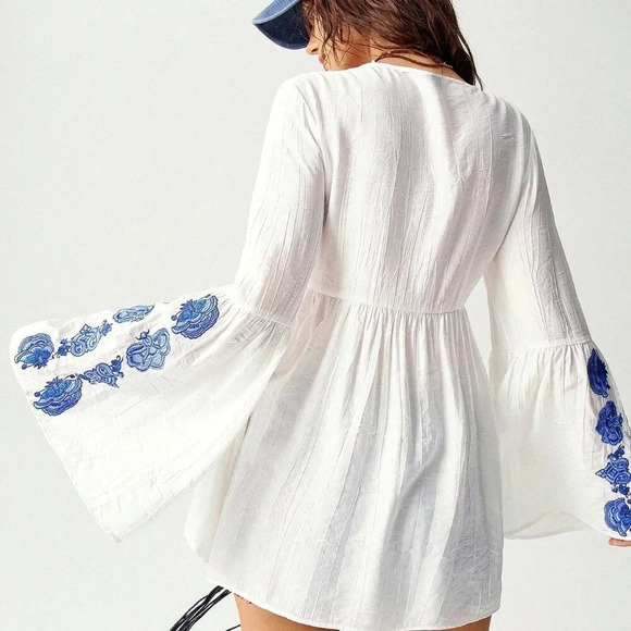 Multicolor Boho Women's Color-Block Embroidered Vacation Casual Shirt - Picture 6 of 8